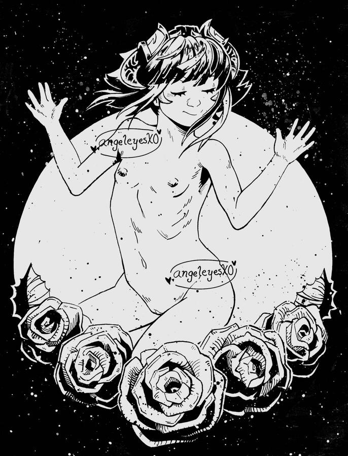 Traditional B&W illustration of Lunar Beast Annie surrounded by roses