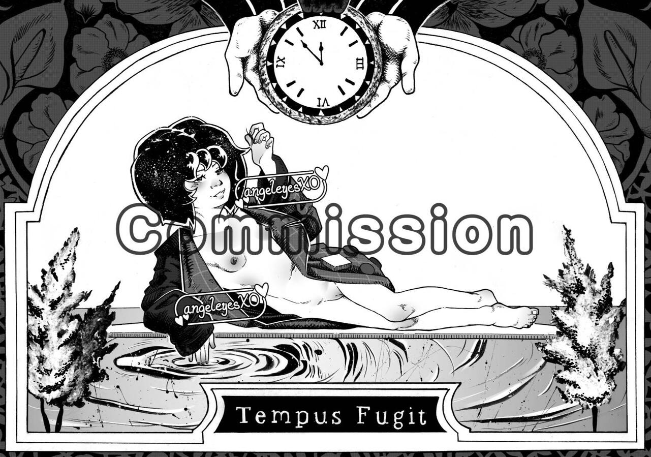 Traditional B&W commission of Momo—from the italian movie 'Momo: The Conquest of Time'—laying down over a pool of water.