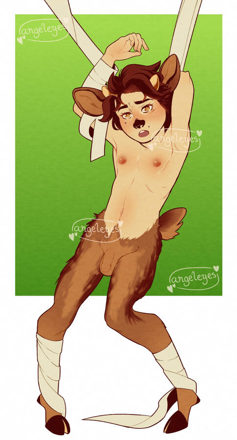 Digital illustration of young Viktor from Arcane as a fawn, tied-up with bandages.